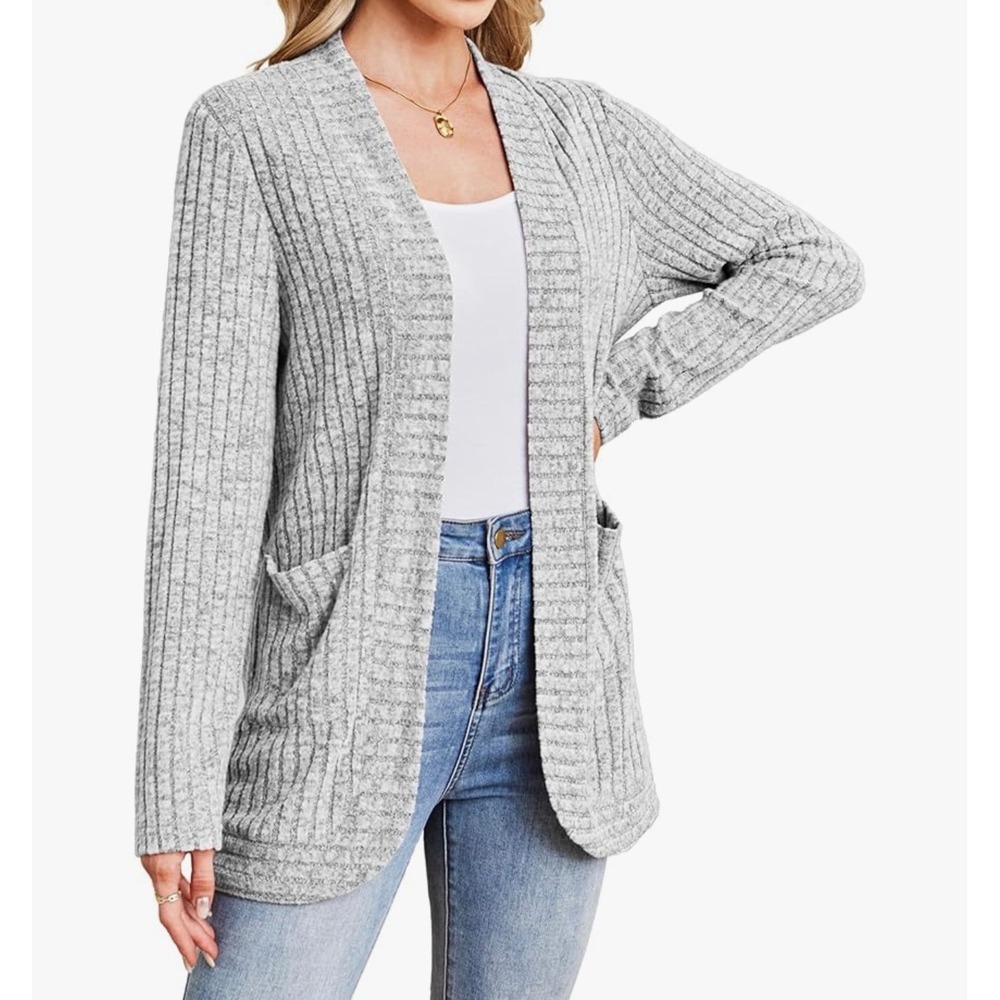 Womens Heather Grey Ribbed Open Front Cardigan Sweater with Pockets Marled Knit